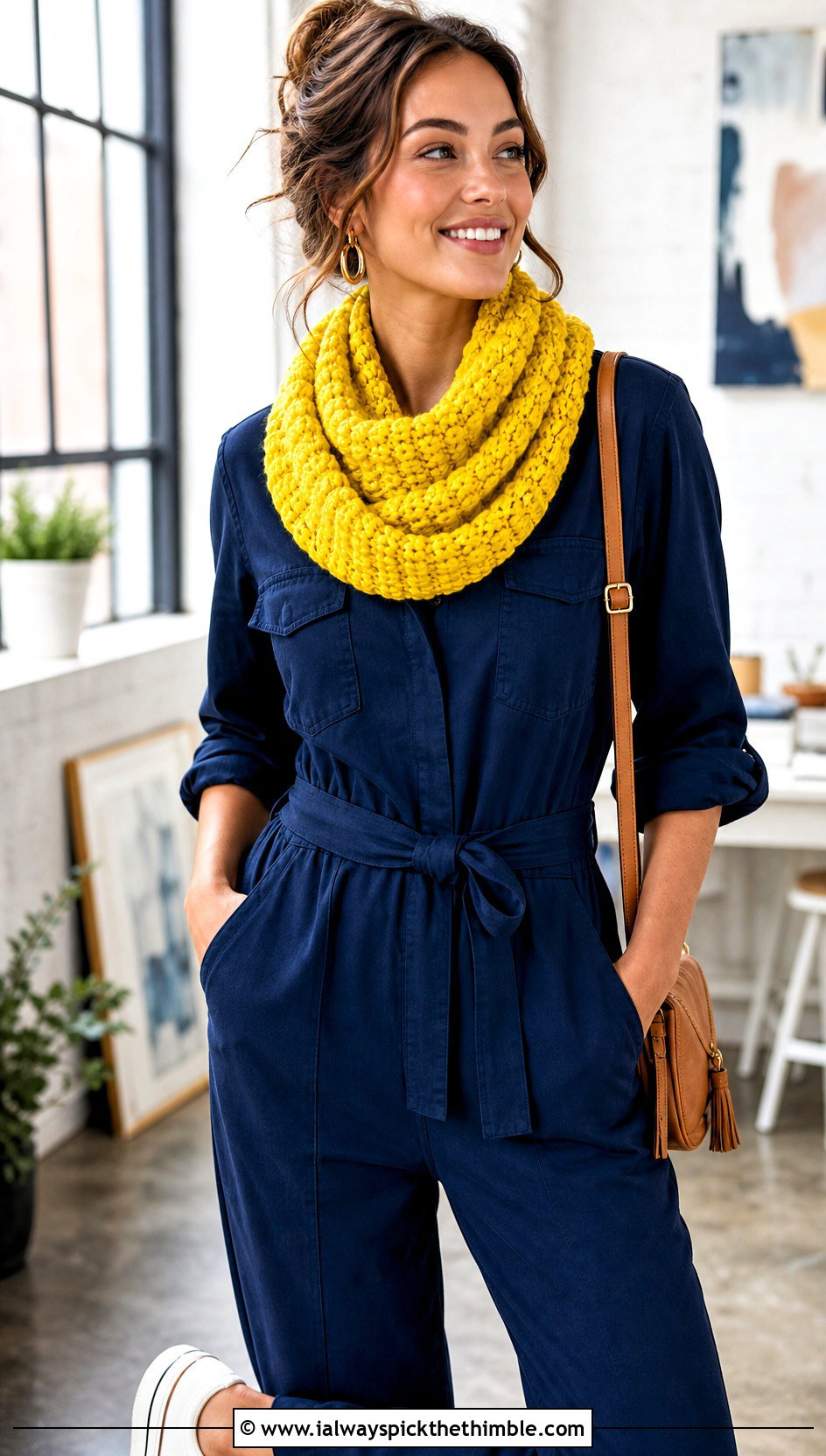 Tunisian Puff Stitch Infinity Scarf With Utility Jumpsuit - 15 Tunisian Crochet Infinity Scarf outfit ideas