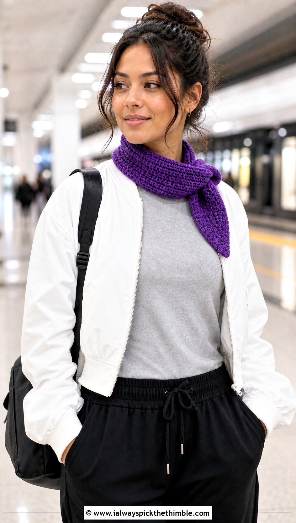 Tunisian Purl Crochet Mini Scarf With Bomber Jacket And Track Pants - 20 Tiny Crochet Scarf outfit ideas