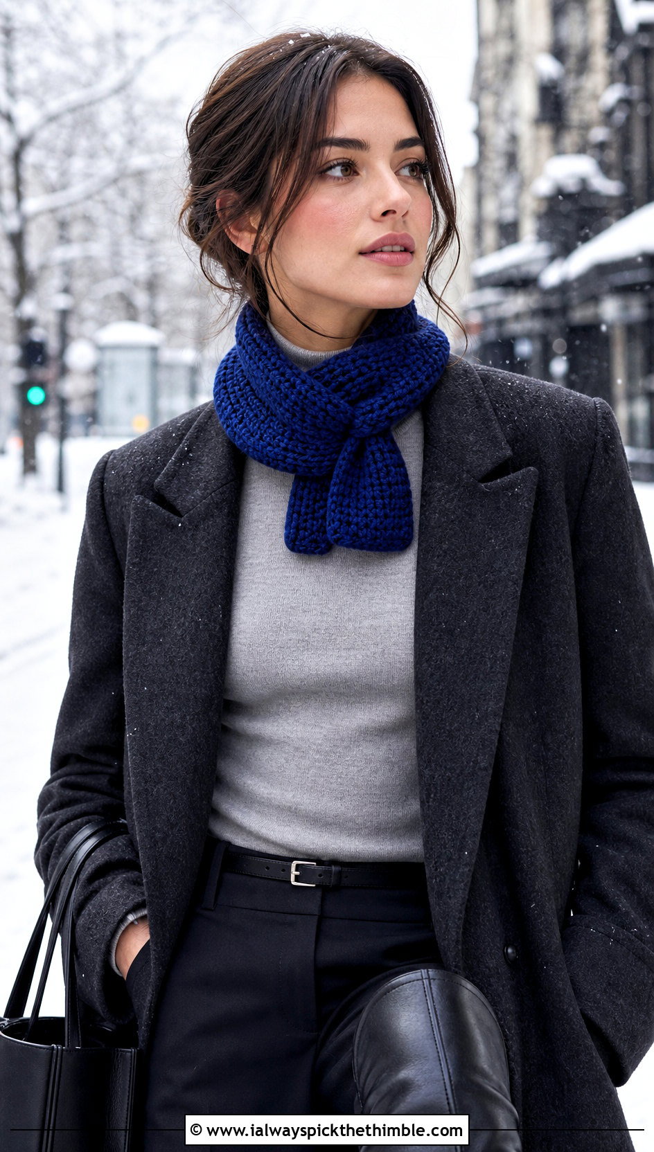 Tunisian Purl Mini Crochet Scarf With Wool Coat - 20 mini crochet scarf outfit ideas
