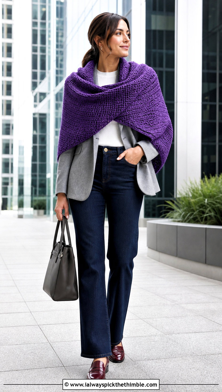 Tunisian Rectangle Crochet Shawl With Blazer And Jeans - 20 Easy Rectangle Crochet Shawl outfit ideas