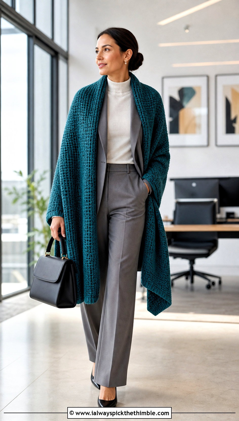 Tunisian Rectangular Crochet Shawl With Tailored Suit - 20 rectangular crochet shawls outfit ideas