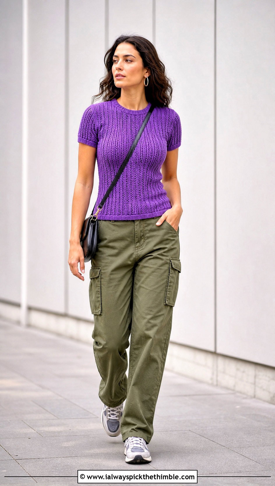 Tunisian Rib Stitch Fitted Tee With Cargo Pants - 20 tunisian crochet top outfit ideas