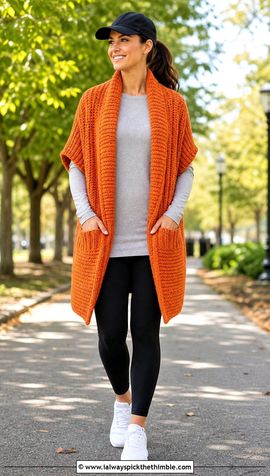 Tunisian Rib Stitch Pocket Shawl With Leggings And Sneakers - 15 Tunisian Crochet Pocket Shawl outfit ideas