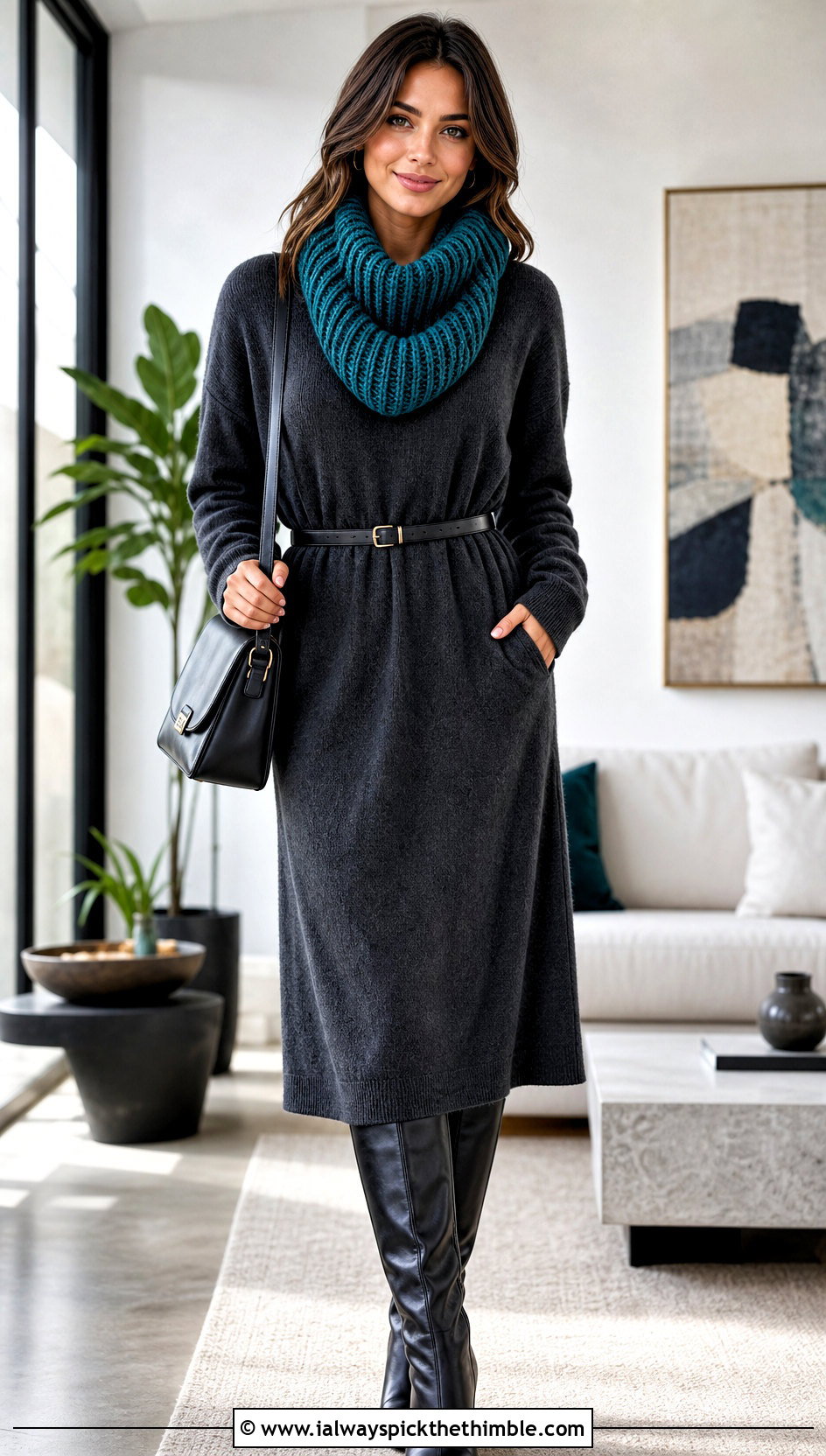 Tunisian Ribbed Cowl With Sweater Dress - 15 Tunisian Crochet Cowl outfit ideas