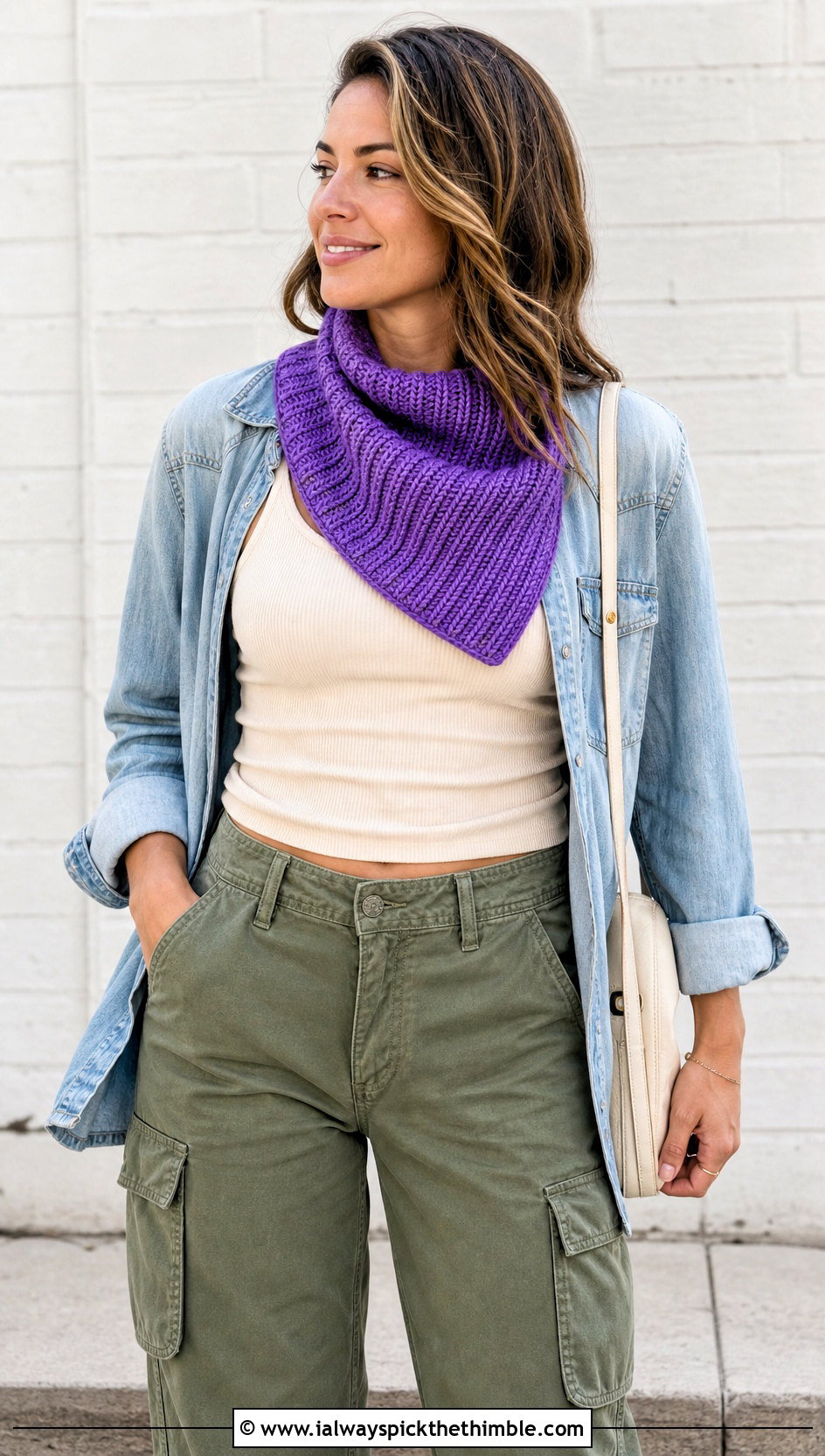 Tunisian Ribbed Crossbody Crochet Cowl With Cargo Pants - 15 Crossbody Crochet Cowl outfit ideas