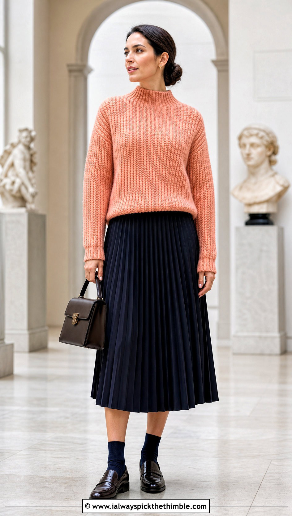 Tunisian Ribbed Mock Neck Pullover With Pleated Midi Skirt - 20 Tunisian Crochet Pullover outfit ideas