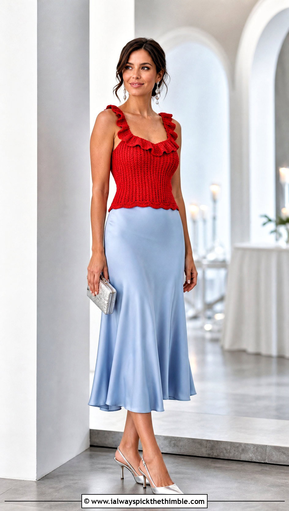 Tunisian Ruffle Tank With Satin Midi Skirt - 15 tunisian crochet tank top outfit ideas