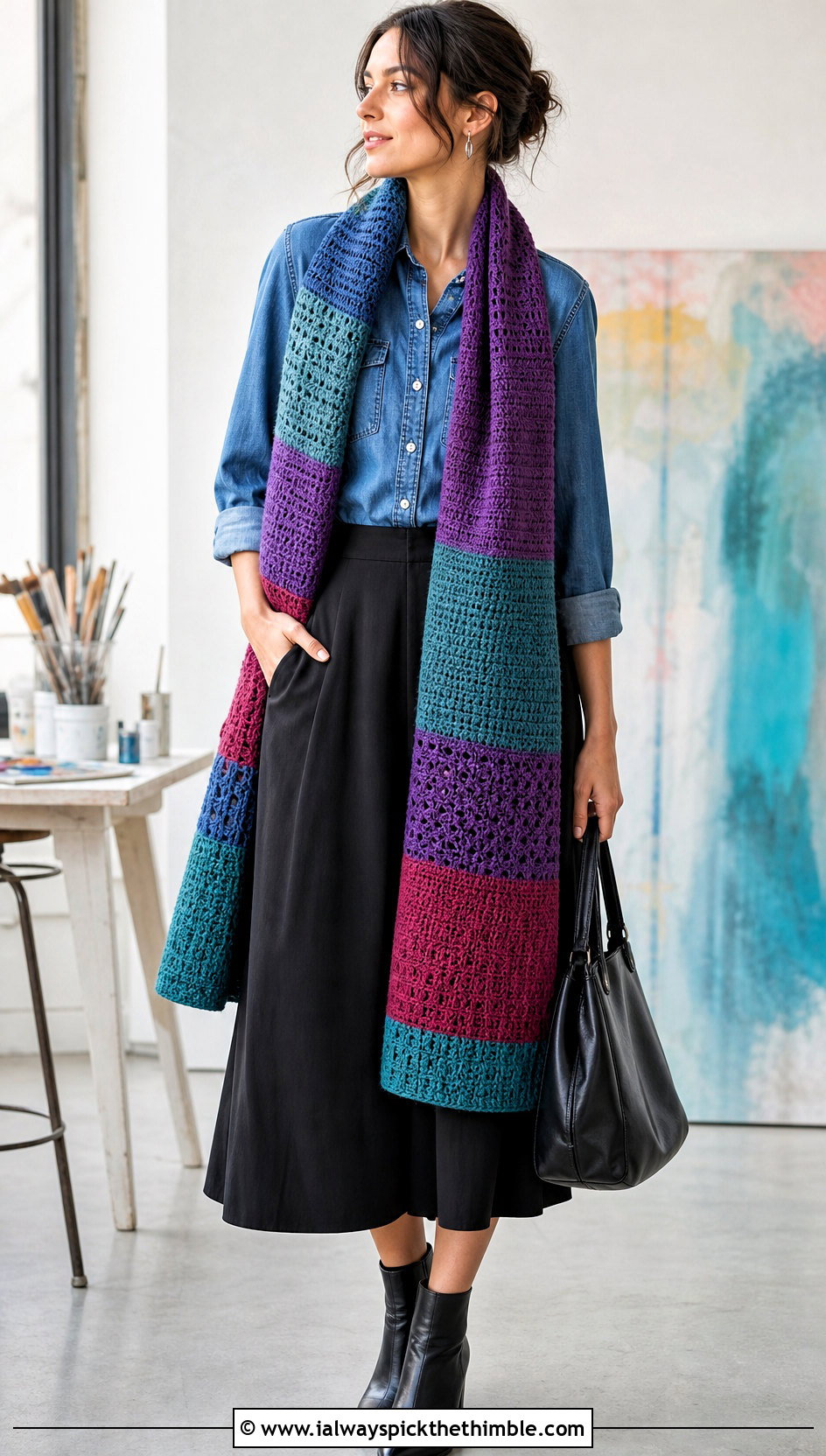Tunisian Sampler Scarf With Denim Shirt - 20 Easy Tunisian Crochet Scarf outfit ideas