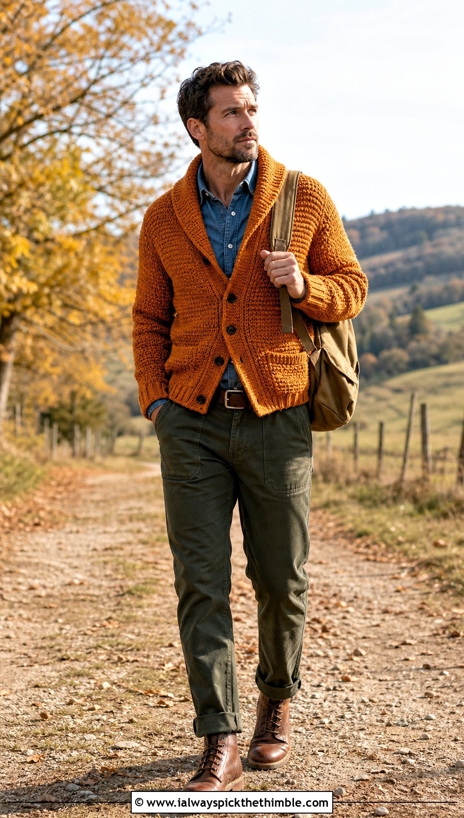 Tunisian Shawl Collar Cardigan With Workwear Pants - 15 Tunisian Crochet Mens Sweater outfit ideas