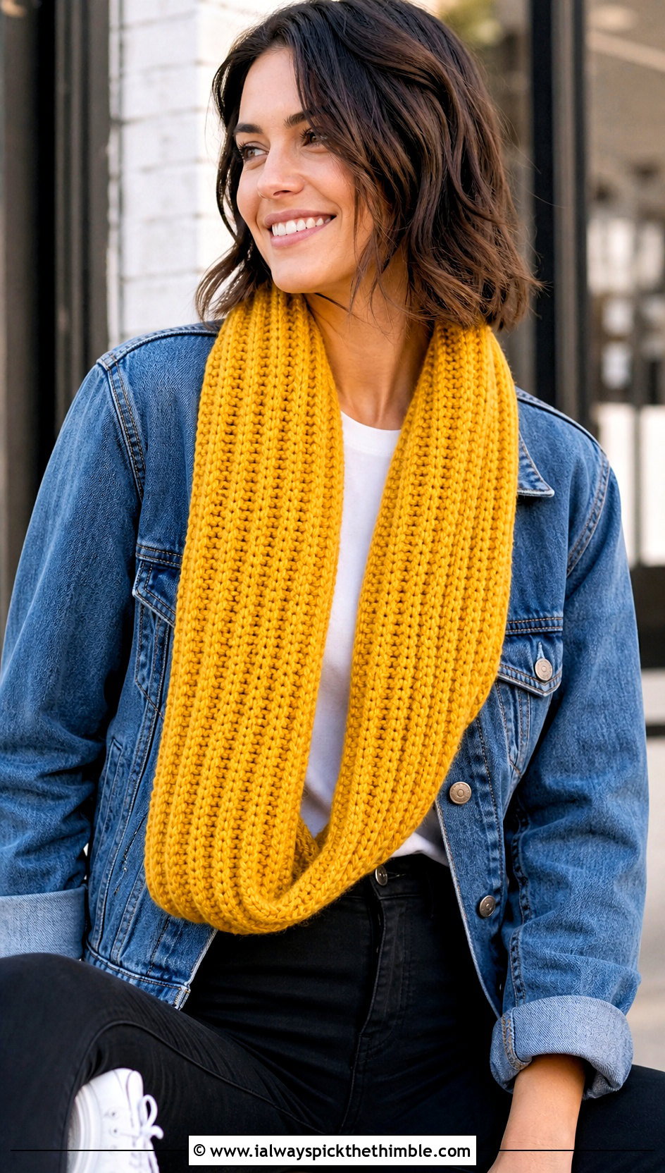 Tunisian Simple Stitch Cowl With Denim Jacket - 15 Tunisian Crochet Cowl outfit ideas