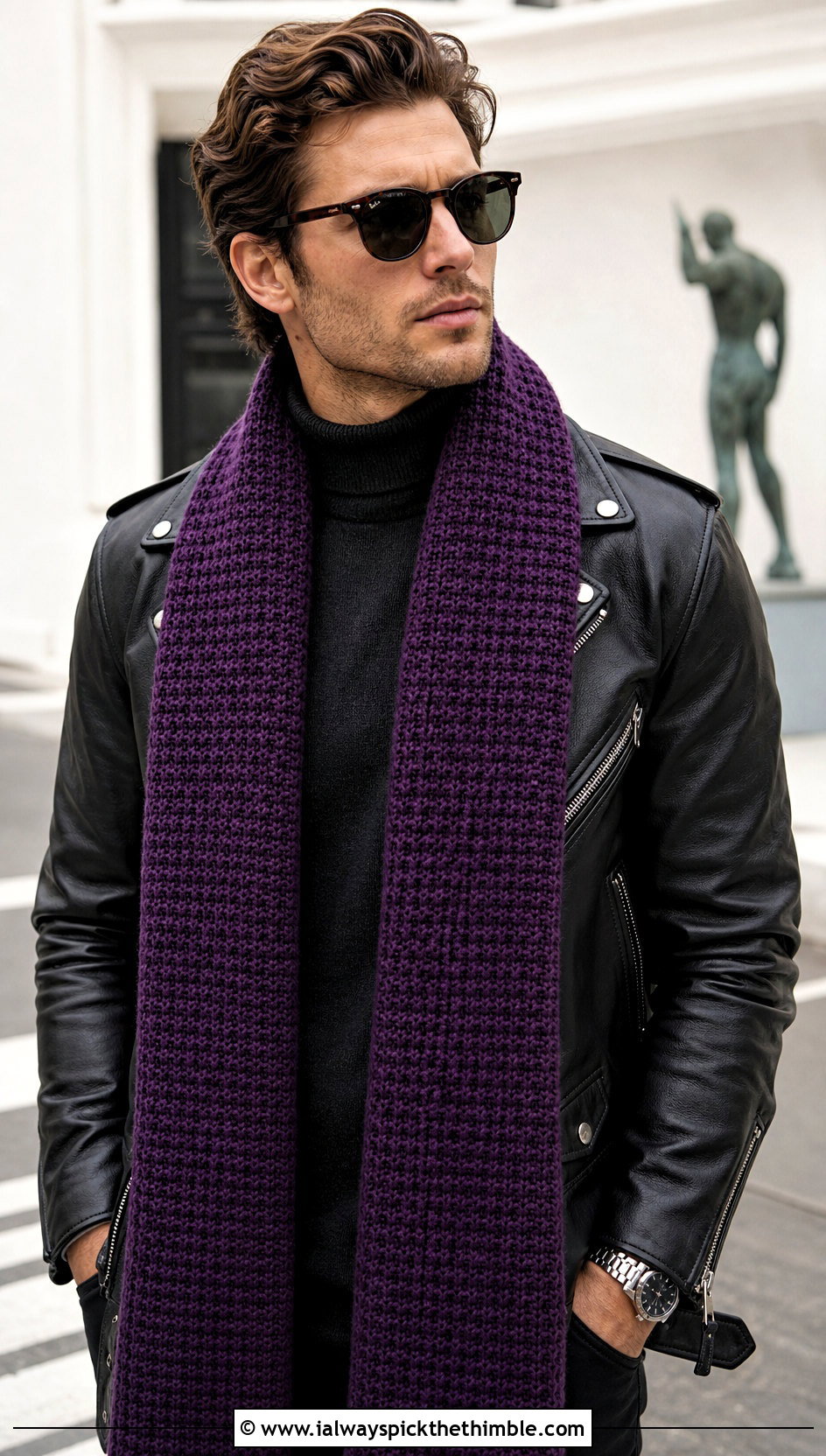 Tunisian Simple Stitch Crochet Scarf With Leather Jacket - 15 crochet stitch for mens scarf outfit ideas