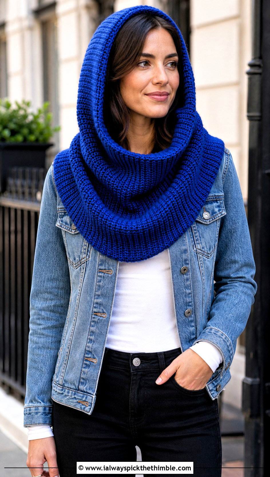 Tunisian Simple Stitch Hooded Cowl With Denim Jacket - 15 Tunisian Crochet Hooded Cowl outfit ideas