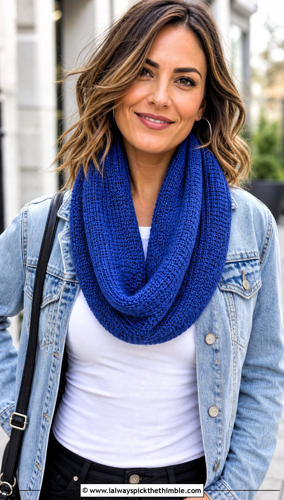 Tunisian Simple Stitch Infinity Scarf With Denim Jacket - 15 Tunisian Crochet Infinity Scarf outfit ideas