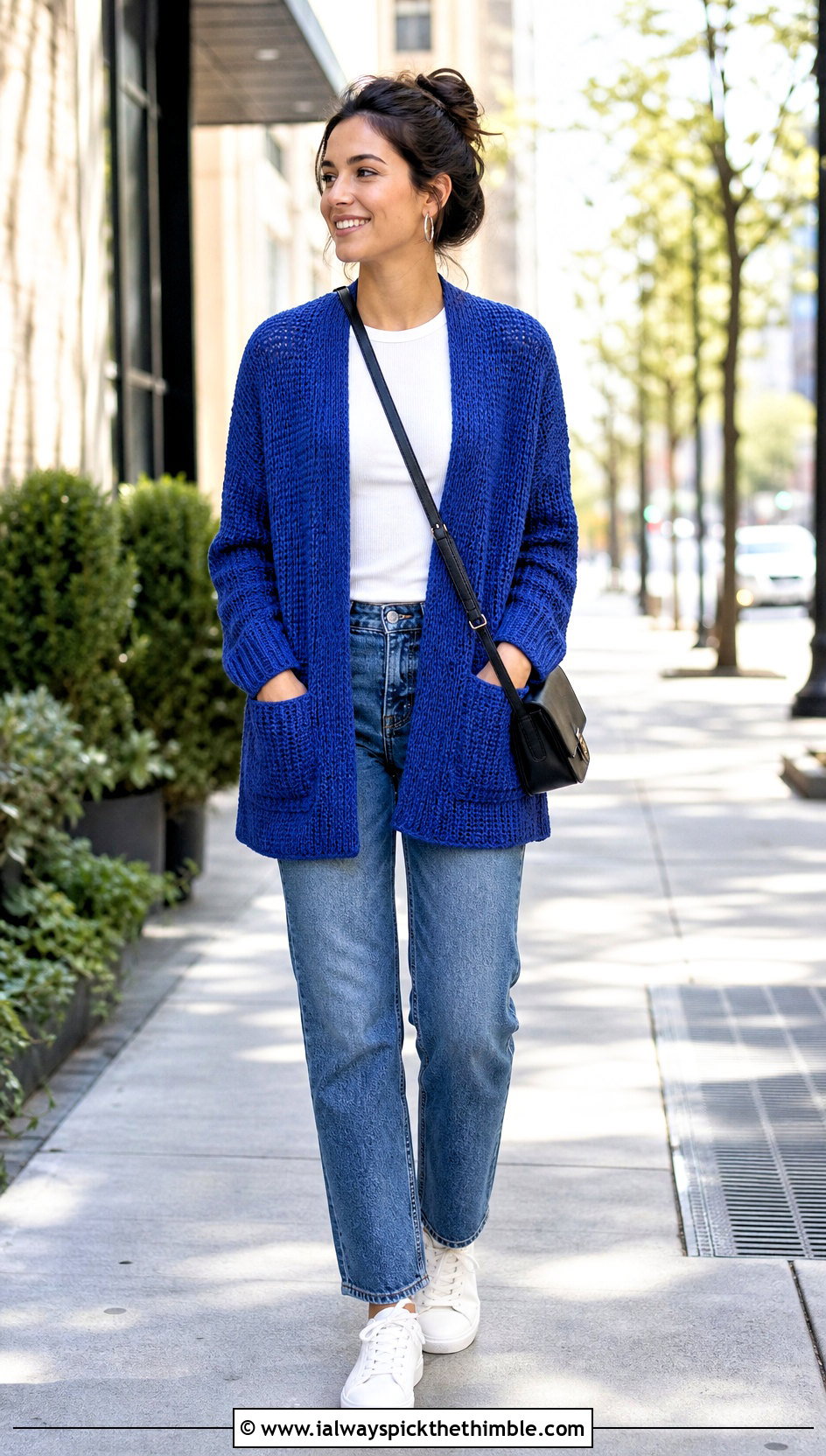 Tunisian Simple Stitch Pocket Shawl With Straight Leg Jeans - 15 Tunisian Crochet Pocket Shawl outfit ideas