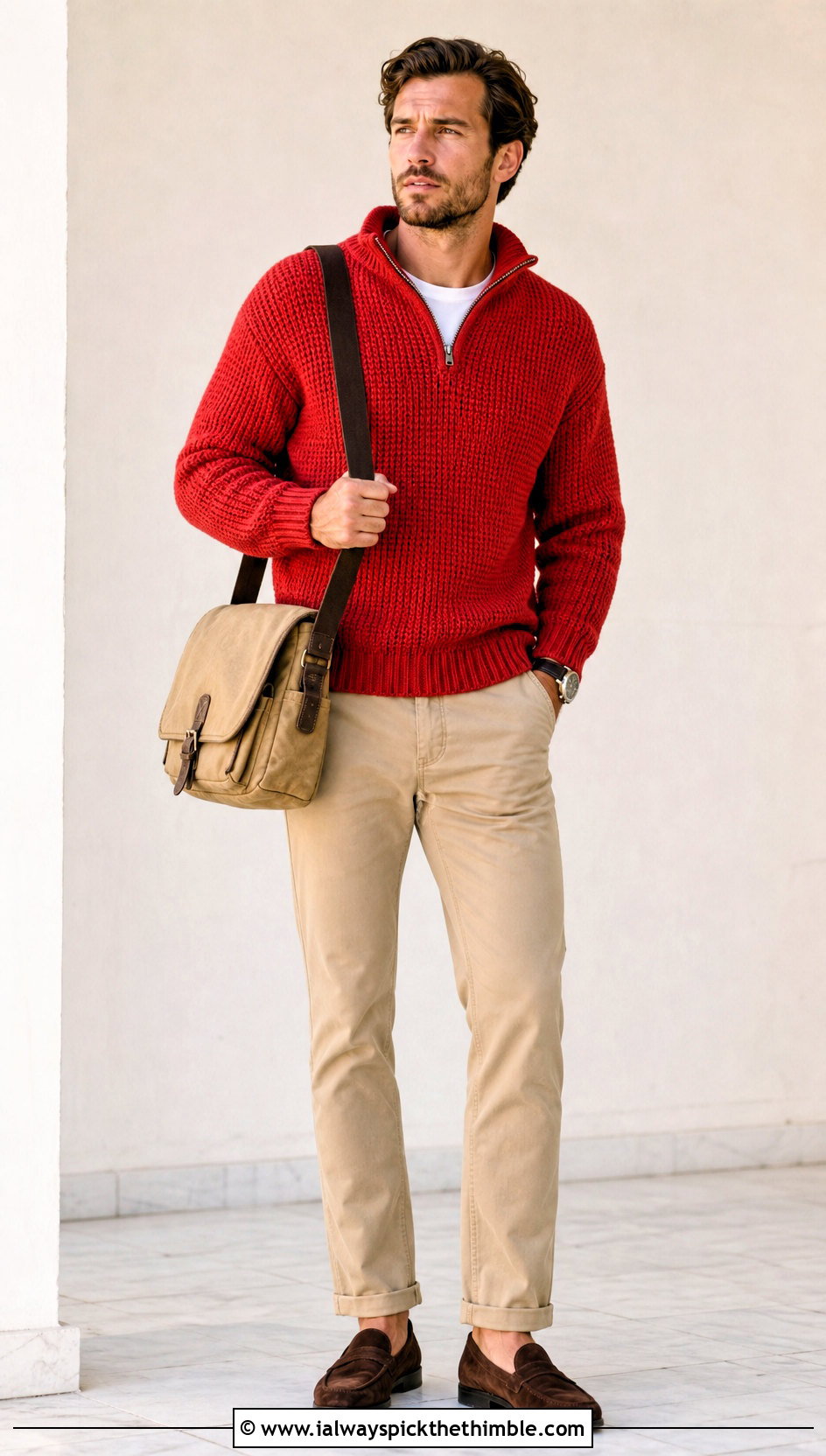 Tunisian Simple Stitch Quarter Zip Sweater With Chinos - 15 Tunisian Crochet Mens Sweater outfit ideas
