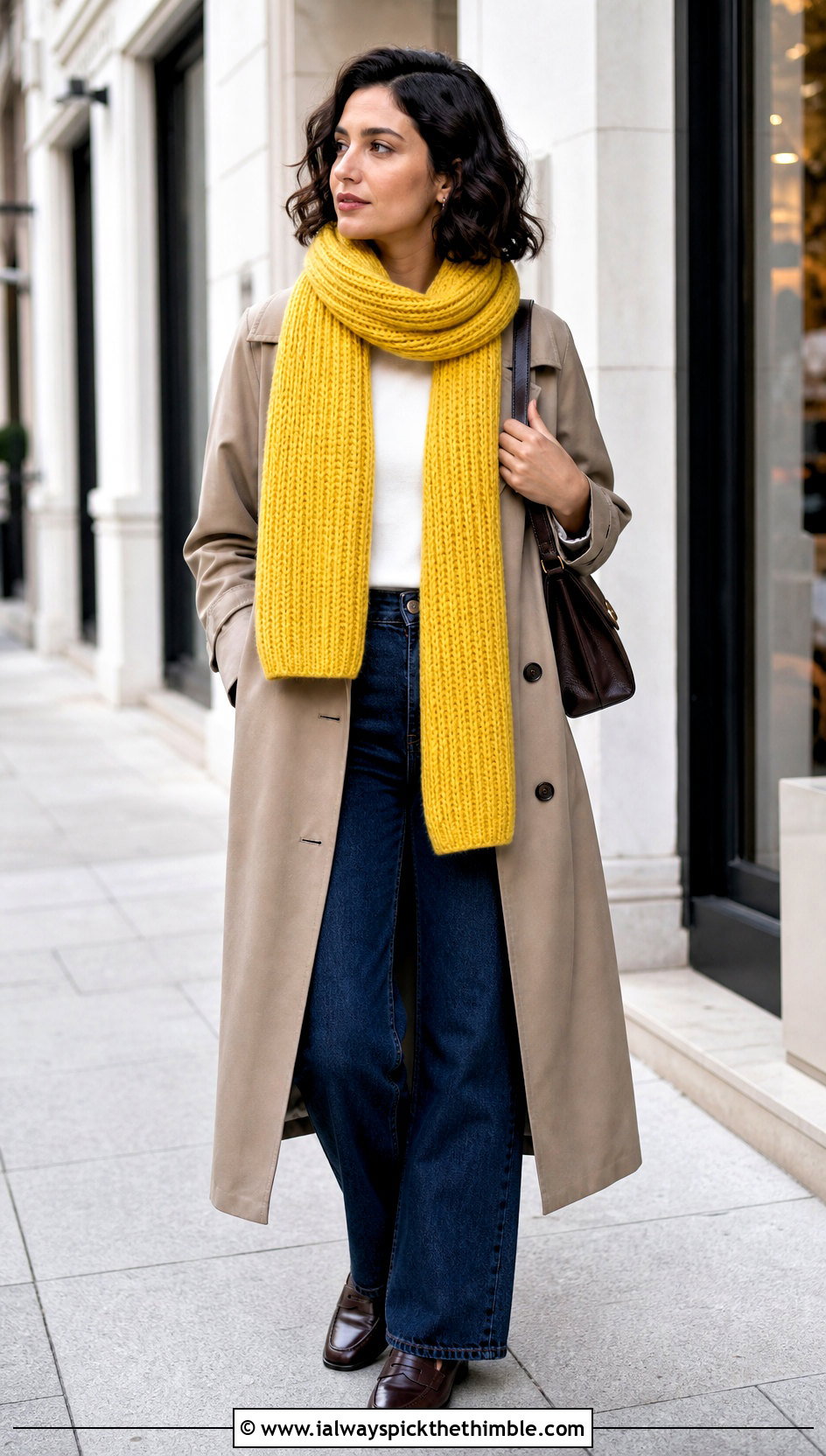 Tunisian Simple Stitch Scarf With Trench Coat - 20 Easy Tunisian Crochet Scarf outfit ideas