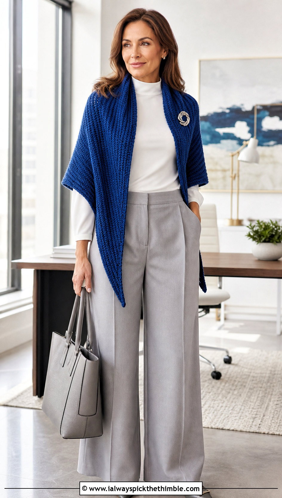 Tunisian Simple Stitch Triangle Shawl With Tailored Trousers - 20 Tunisian Crochet Triangle Shawl outfit ideas