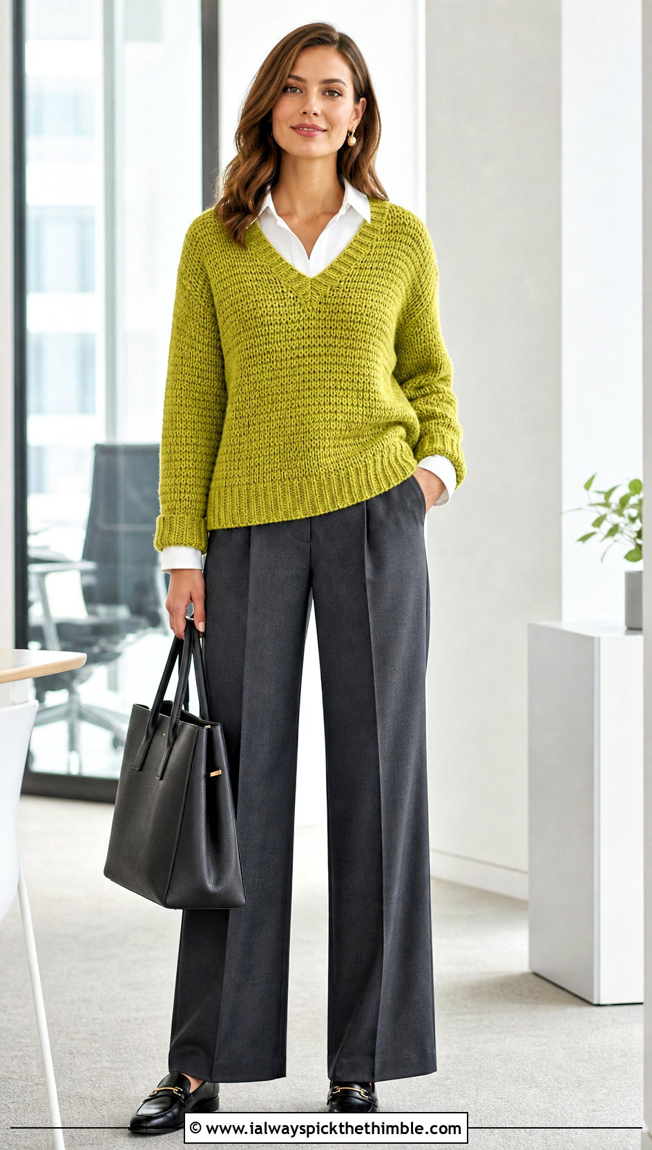 Tunisian Simple Stitch V Neck Pullover With Tailored Trousers - 20 Tunisian Crochet Pullover outfit ideas