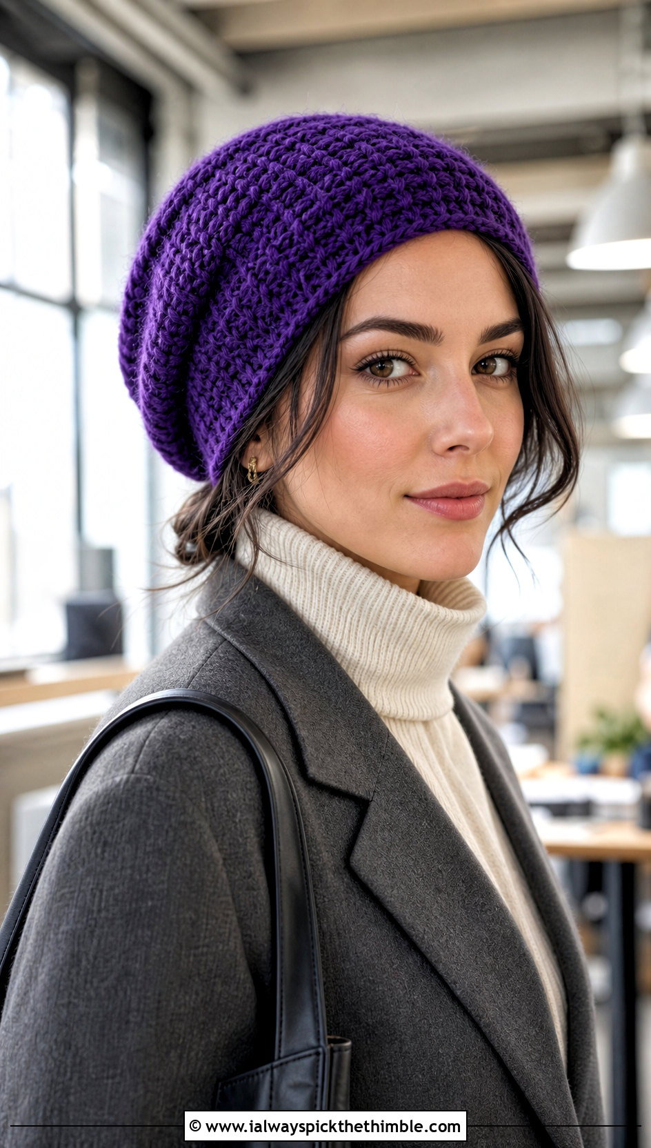 Tunisian Slouchy Crochet Beanie With Trouser Suit - 20 Easy Slouchy Crochet Beanie outfit ideas