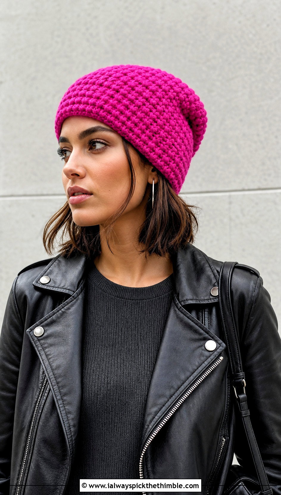 Tunisian Smock Stitch Beanie With Leather Jacket - 25 tunisian crochet beanie outfit ideas