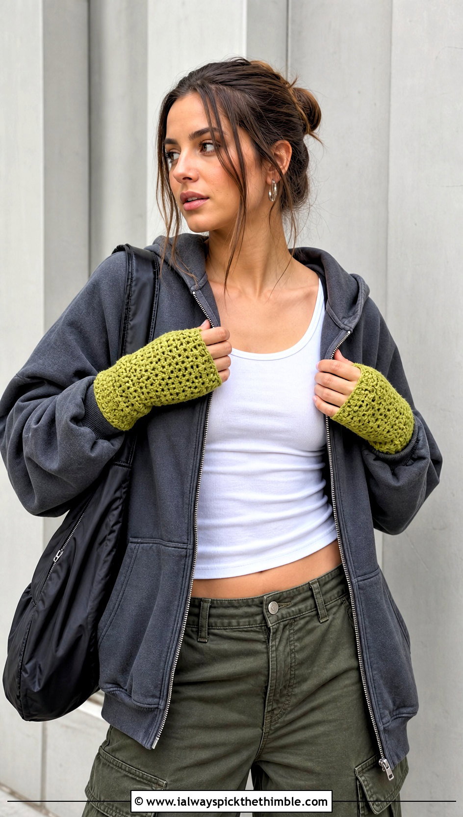 Tunisian Smock Stitch Fingerless Gloves With Hoodie And Cargo Pants - 20 tunisian crochet fingerless gloves outfit ideas