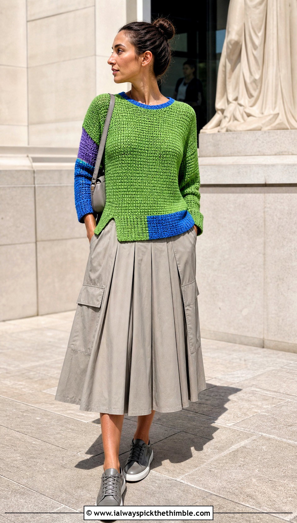 Tunisian Split Hem Pullover With Pleated Cargo Skirt - 20 Tunisian Crochet Pullover outfit ideas