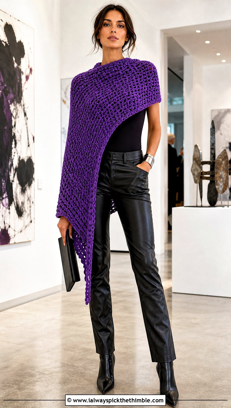 Tunisian Stitch Asymmetrical Crochet Poncho With Leather Pants - 20 Asymmetrical Crochet Poncho outfit ideas