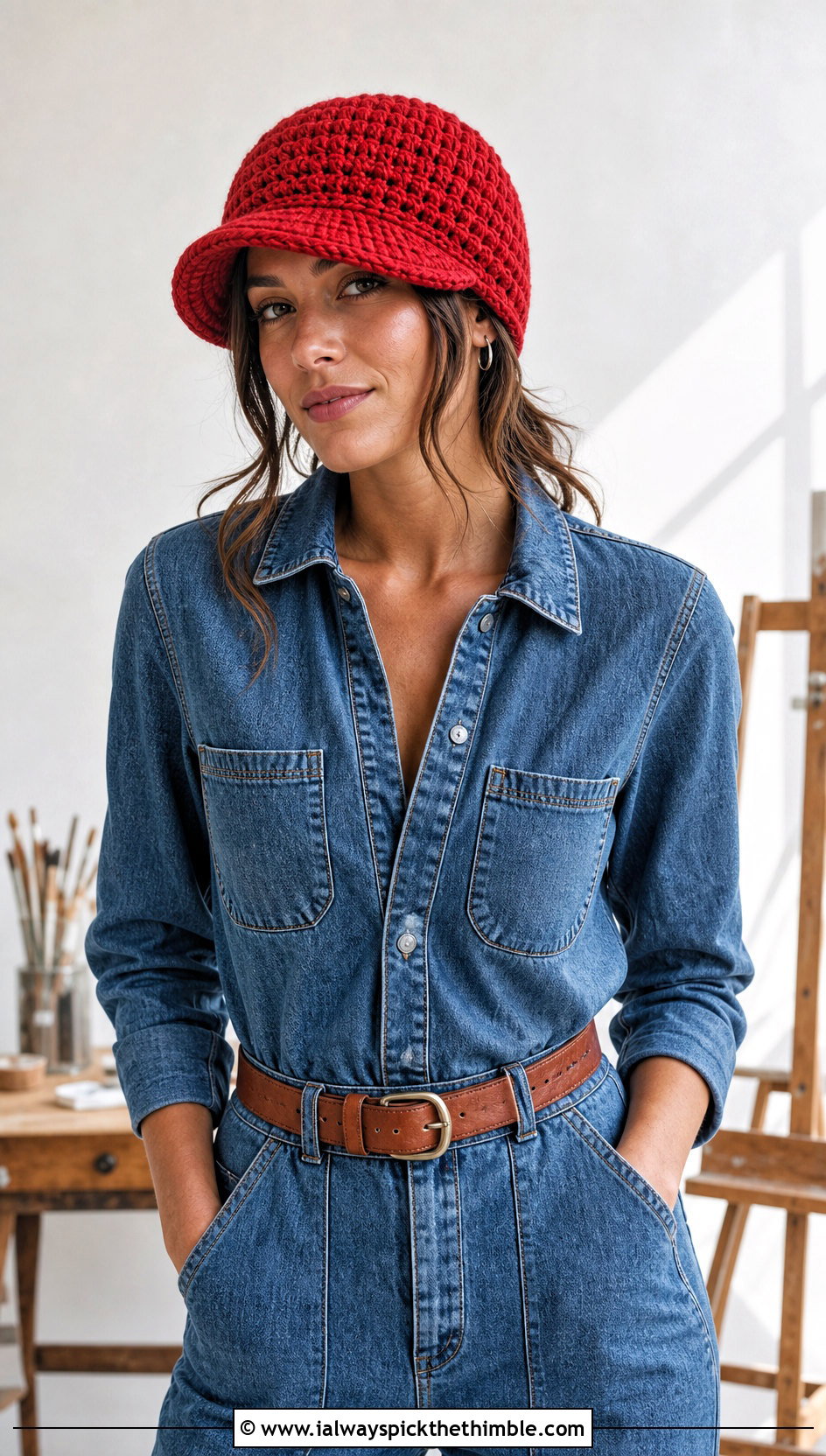 Tunisian Stitch Cap With Denim Jumpsuit And Sneakers - 20 crochet stitch hat outfit ideas