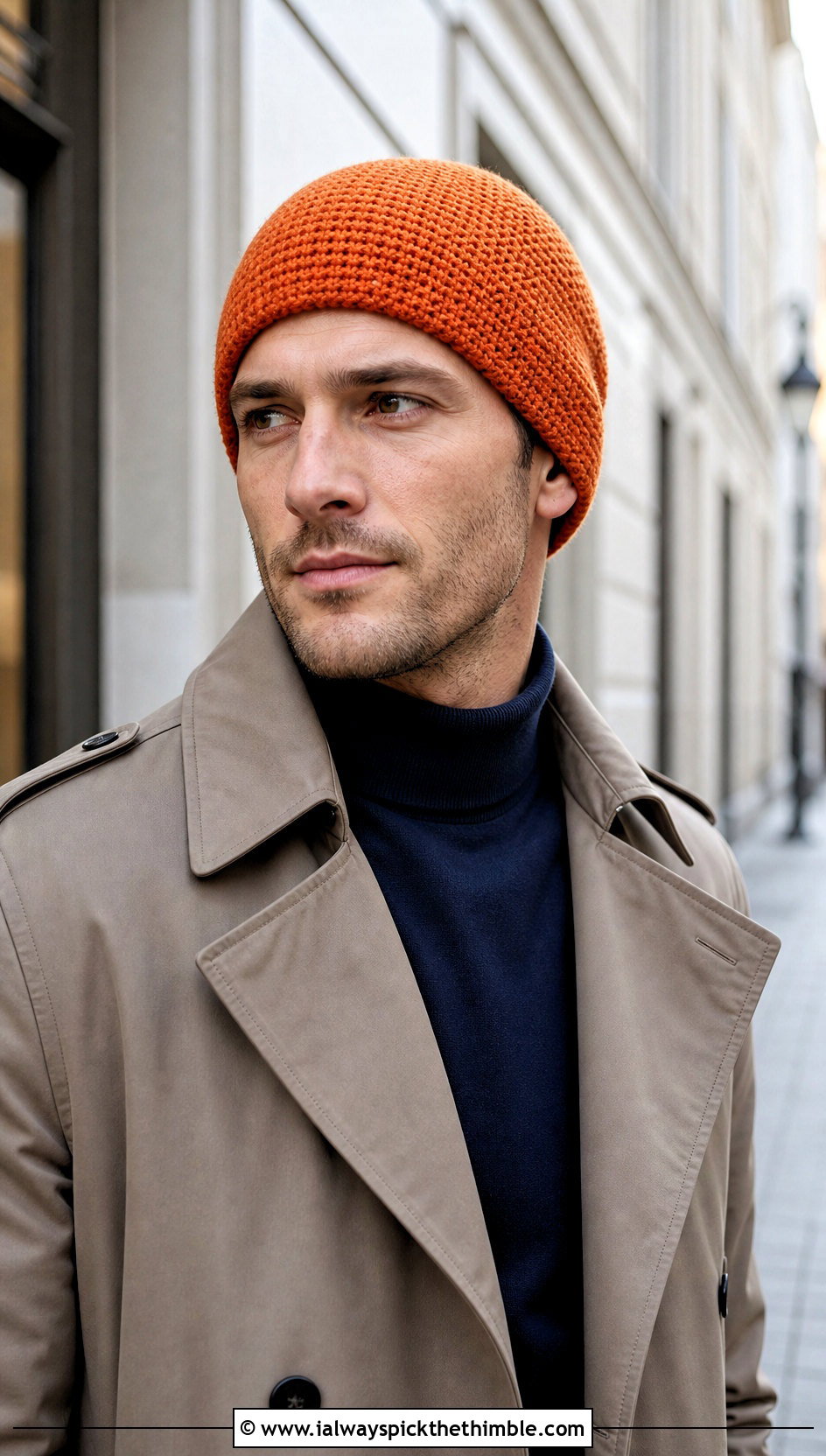 Tunisian Stitch Crochet Beanie With Trench Coat - 25 Men Crochet Beanie outfit ideas