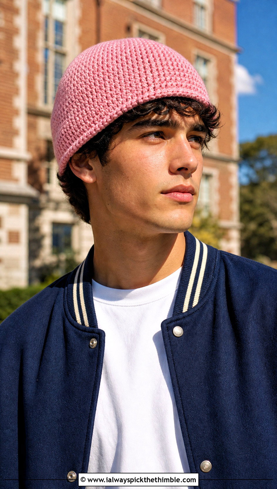 Tunisian Stitch Crochet Beanie With Varsity Jacket - 15 men's crochet beanies outfit ideas