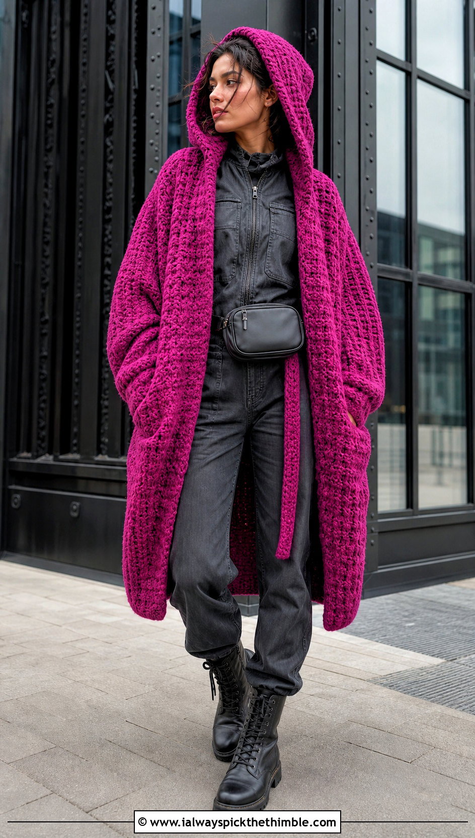 Tunisian Stitch Crochet Blanket Hoodie With Utility Jumpsuit - 20 crochet blanket hoodie outfit ideas