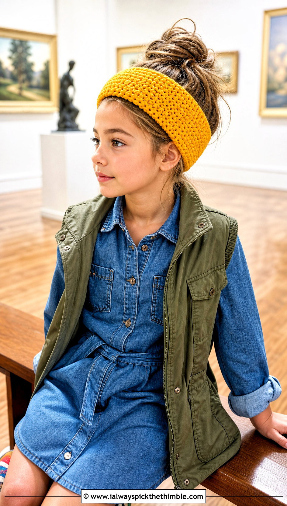 Tunisian Stitch Crochet Childs Headband With Denim Shirt Dress - 20 Crochet Childs Headband outfit ideas