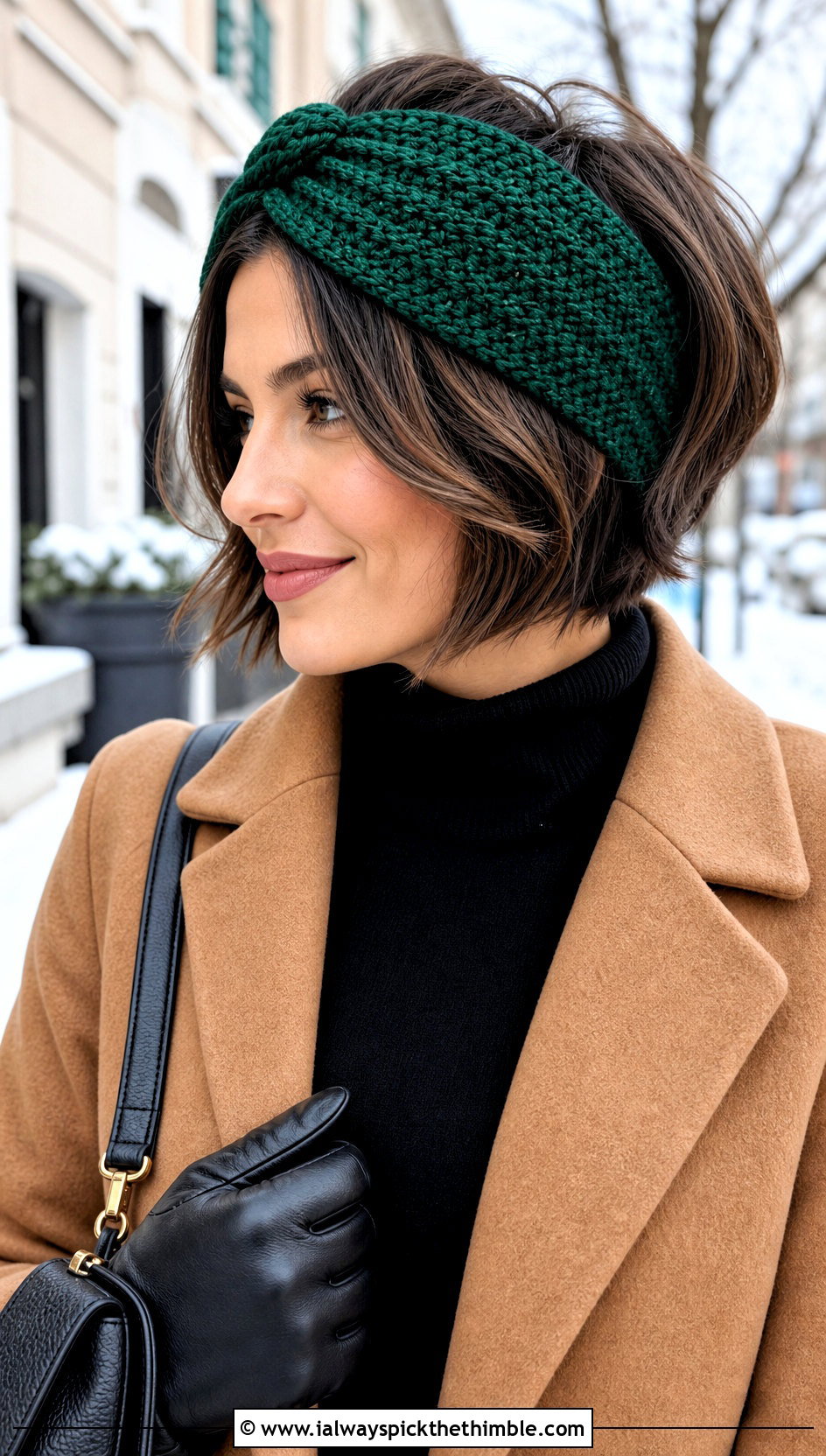 Tunisian Stitch Crochet Headband With Wool Coat - 20 crochet headband for short hair outfit ideas