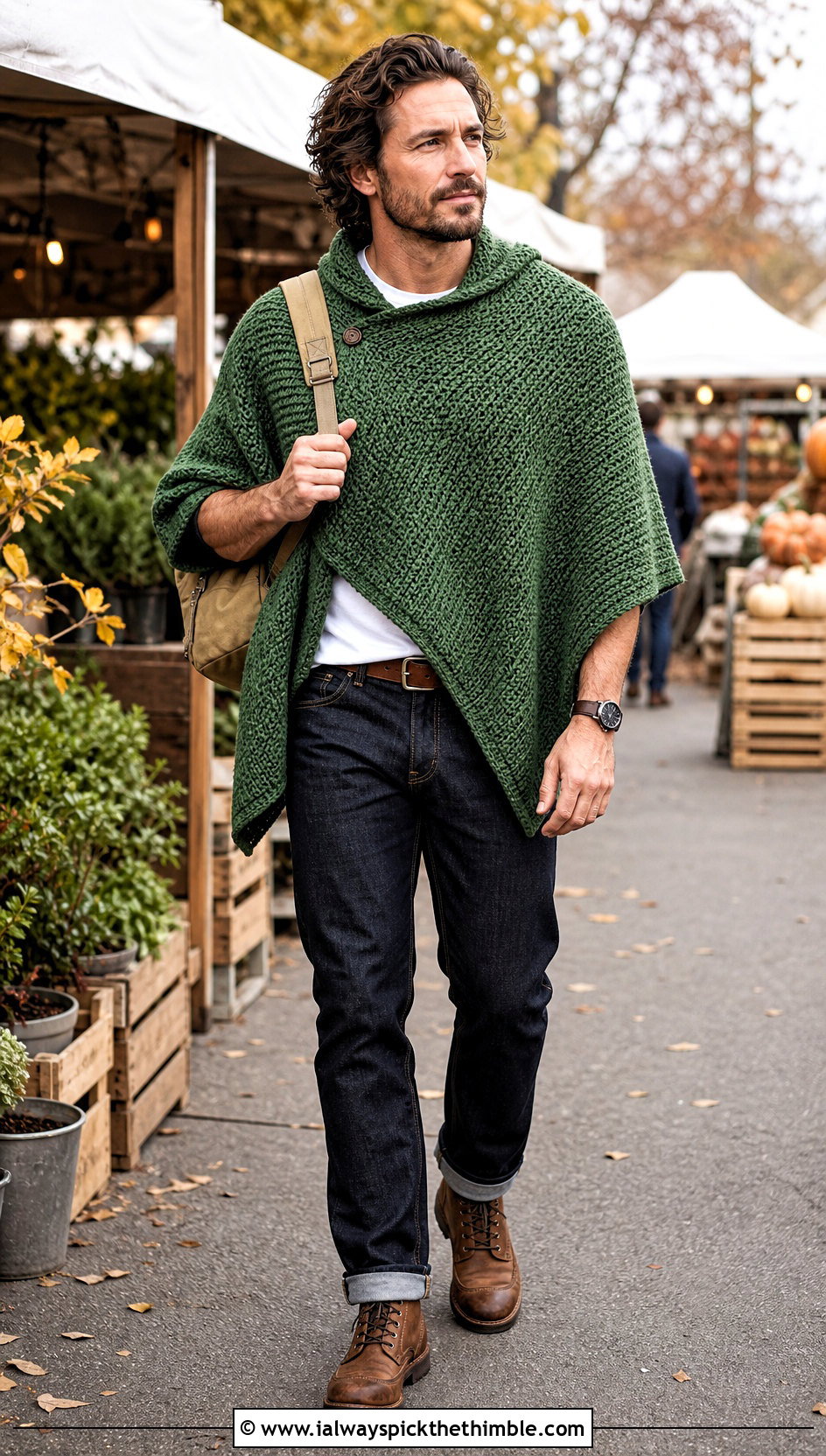 Tunisian Stitch Crochet Poncho With Raw Denim - 20 crochet men's poncho outfit ideas