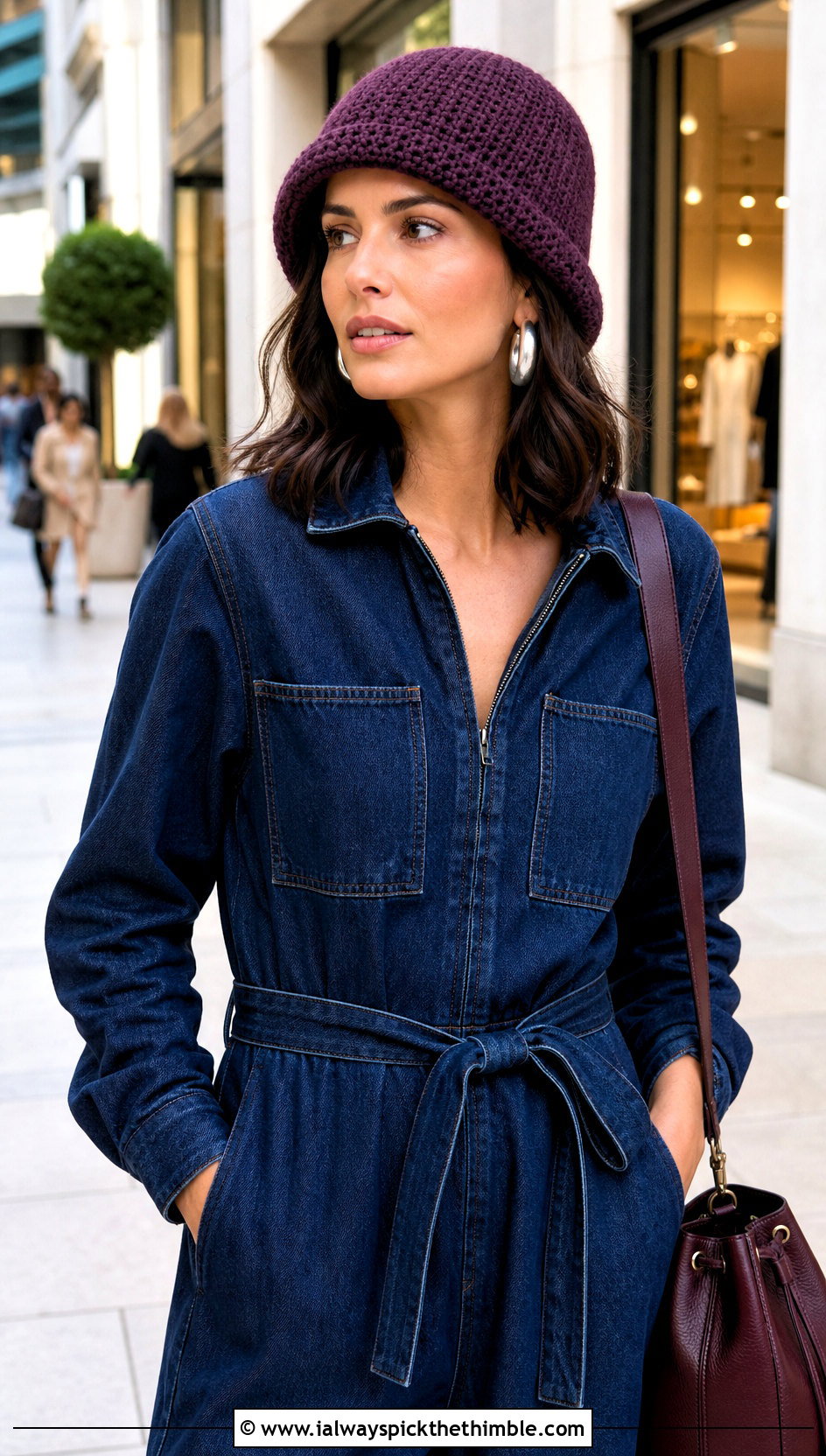 Tunisian Stitch Crochet Tube Hat With Denim Jumpsuit - 20 Crochet Tube Hat outfit ideas