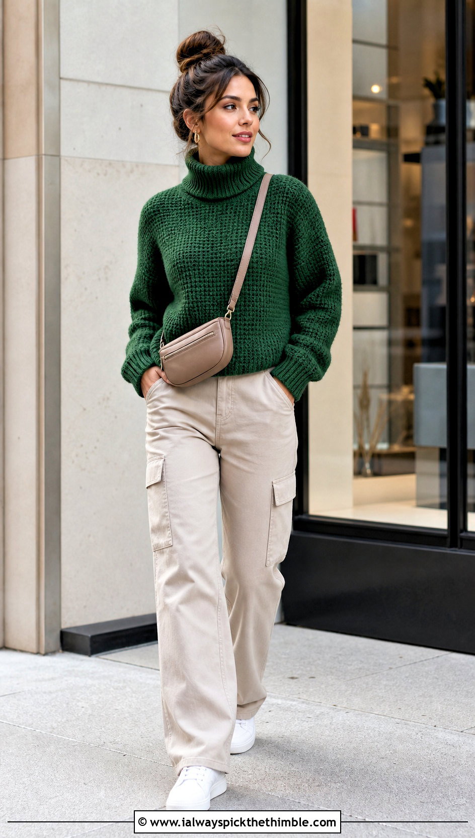 Tunisian Stitch Crochet Turtle Neck Sweater With Cargo Pants - 25 crochet turtle neck sweater outfit ideas