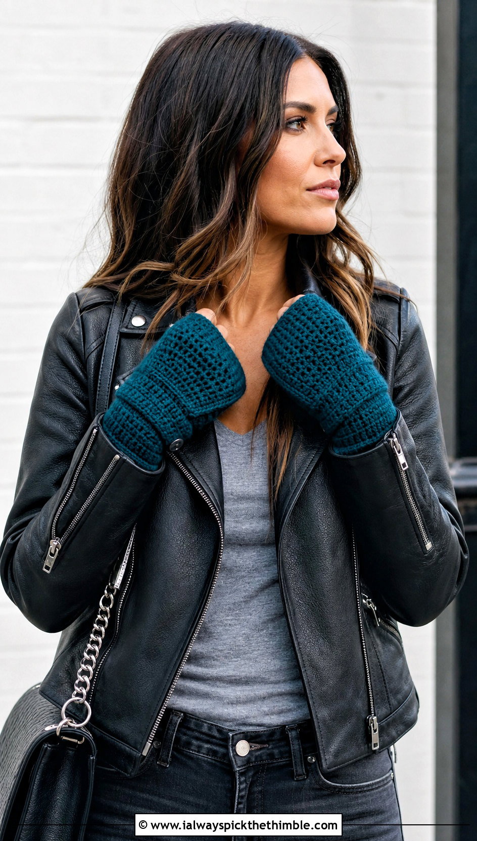 Tunisian Stitch Flap Crochet Gloves With Leather Jacket - 20 crochet fingerless gloves with flap outfit ideas