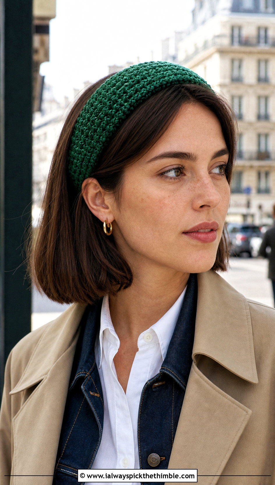 Tunisian Stitch Green Crochet Headband With Trench Coat And Loafers - 20 green crochet headband outfit ideas