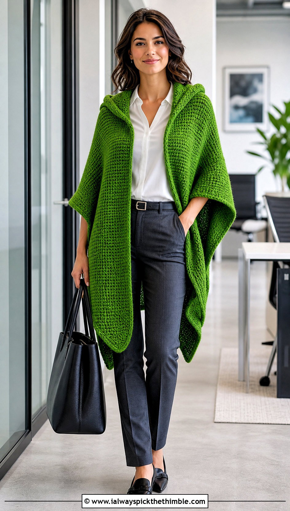 Tunisian Stitch Hooded Crochet Ruana With Tailored Trousers - 20 Hooded Crochet Ruana outfit ideas