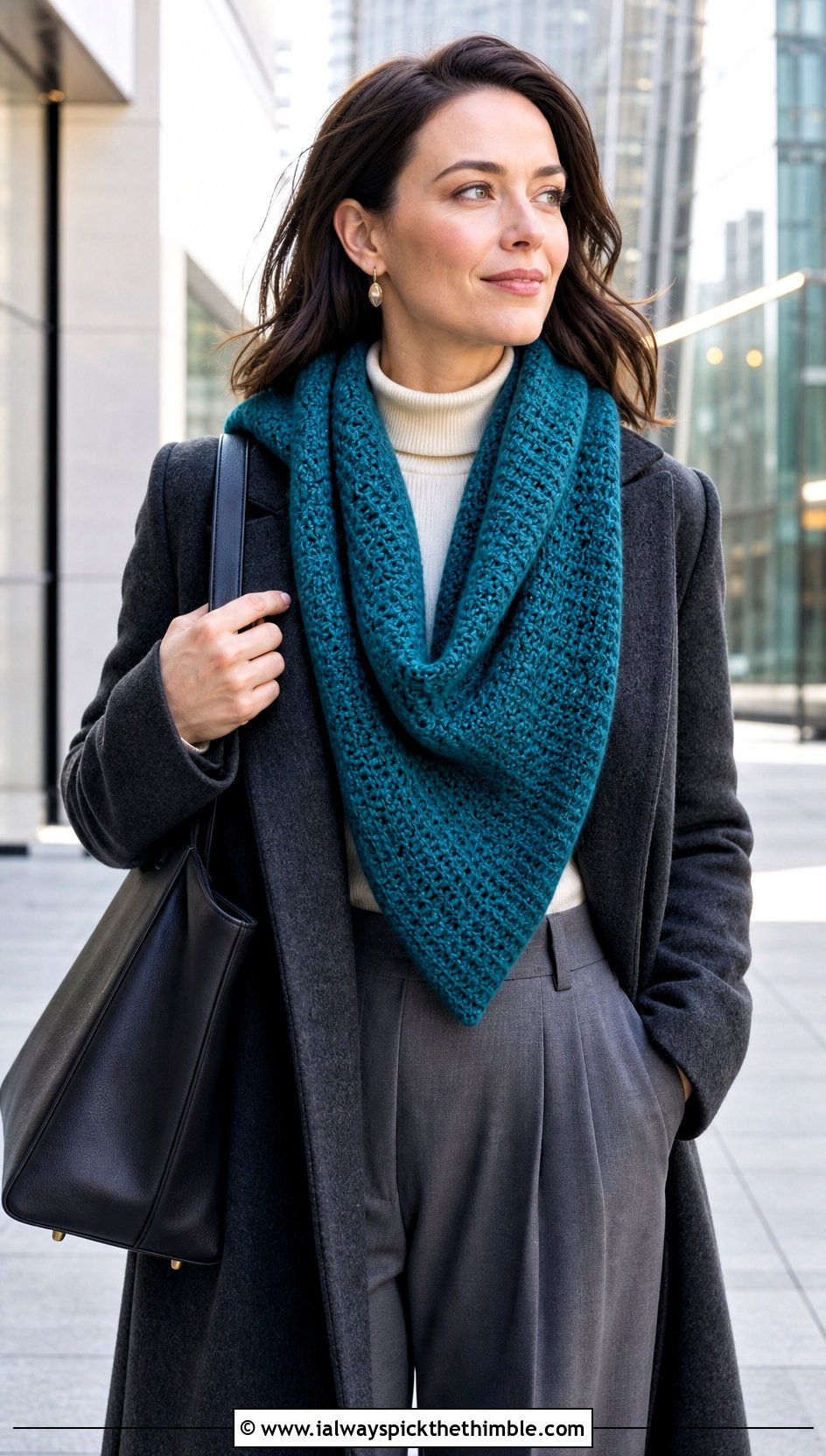 Tunisian Stitch Hooded Triangle Crochet Scarf With Wool Coat - 20 Hooded Triangle Crochet Scarf outfit ideas