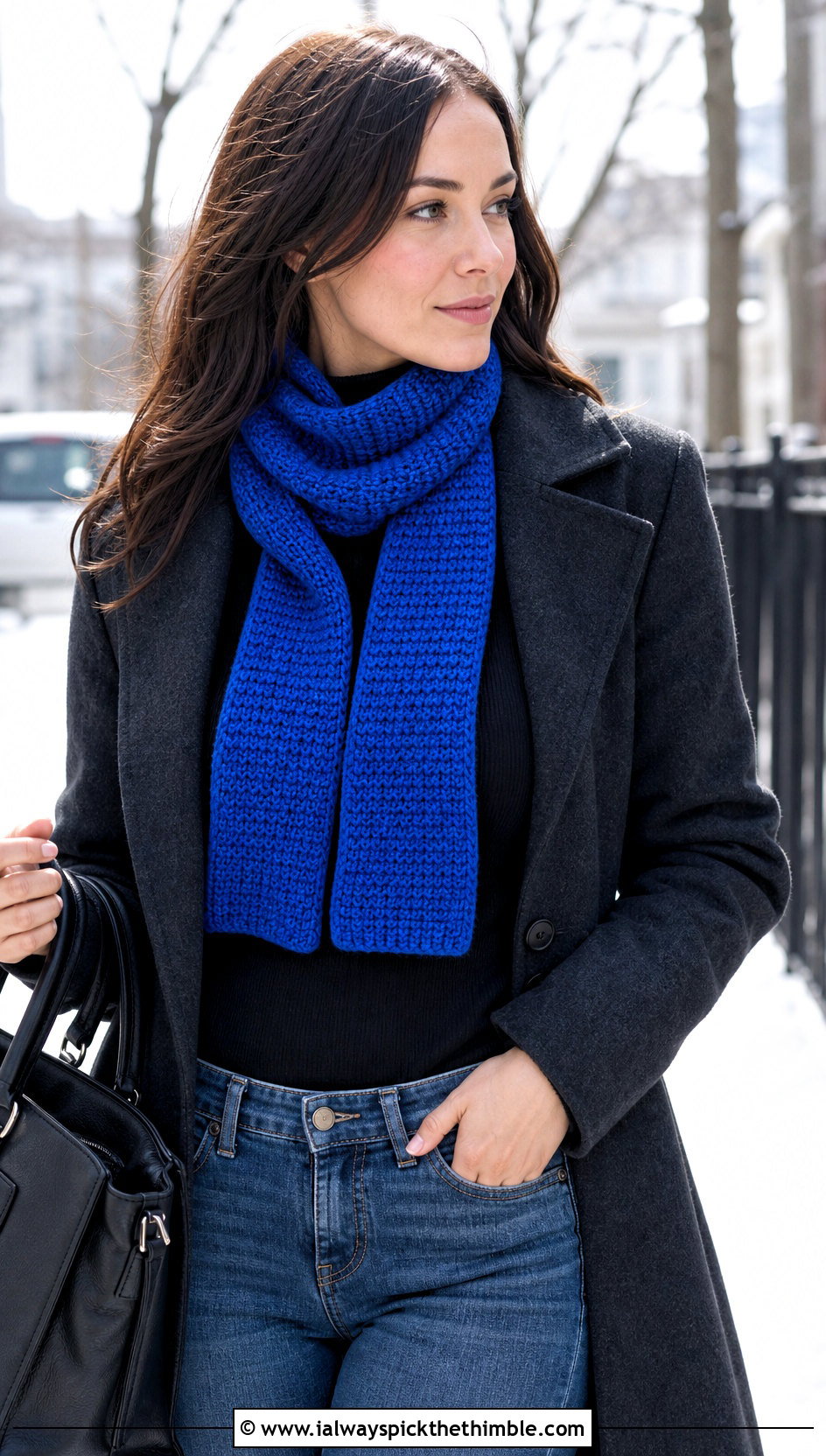 Tunisian Stitch Mini Scarf With Wool Coat - 25 small crochet scarf outfit ideas