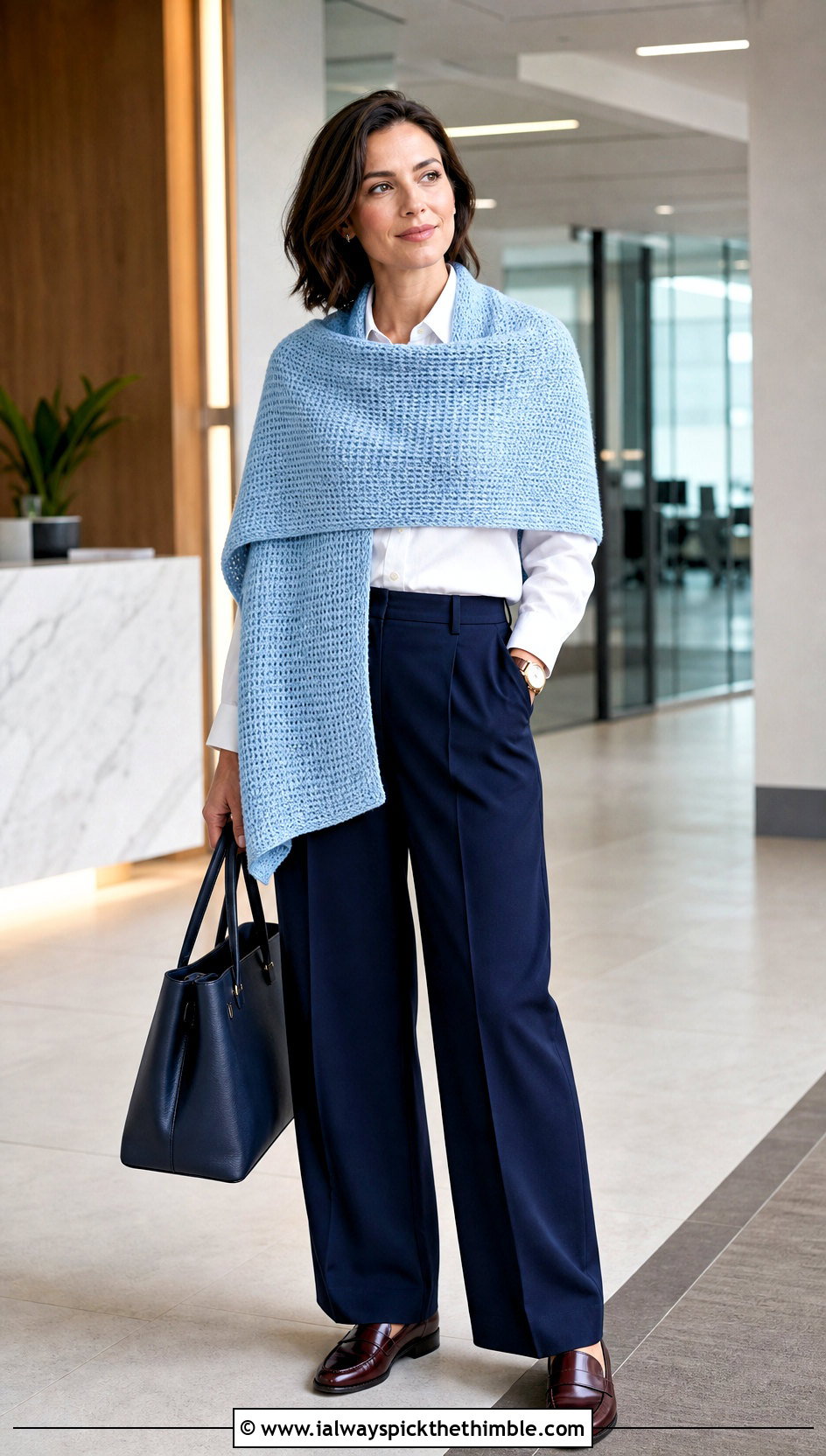 Tunisian Stitch Rectangle Crochet Shawl With Workwear - 20 Rectangle Crochet Shawl outfit ideas