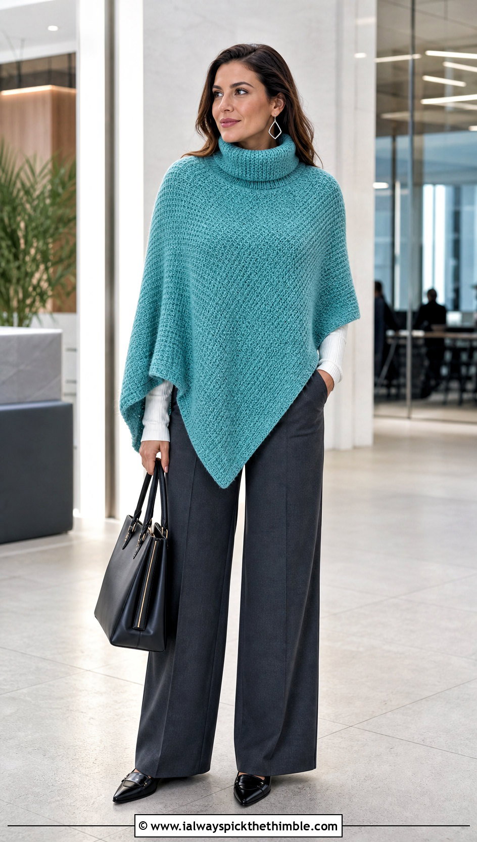 Tunisian Stitch Turtle Neck Crochet Poncho With Wide Leg Trousers - 20 Turtle Neck Crochet Poncho outfit ideas
