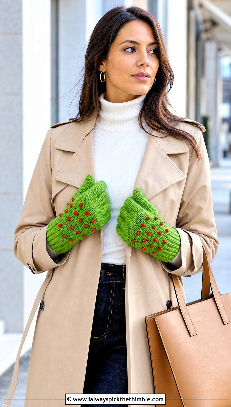 Tunisian Strawberry Gloves With Trench Coat - 20 Strawberry Crochet Gloves outfit ideas
