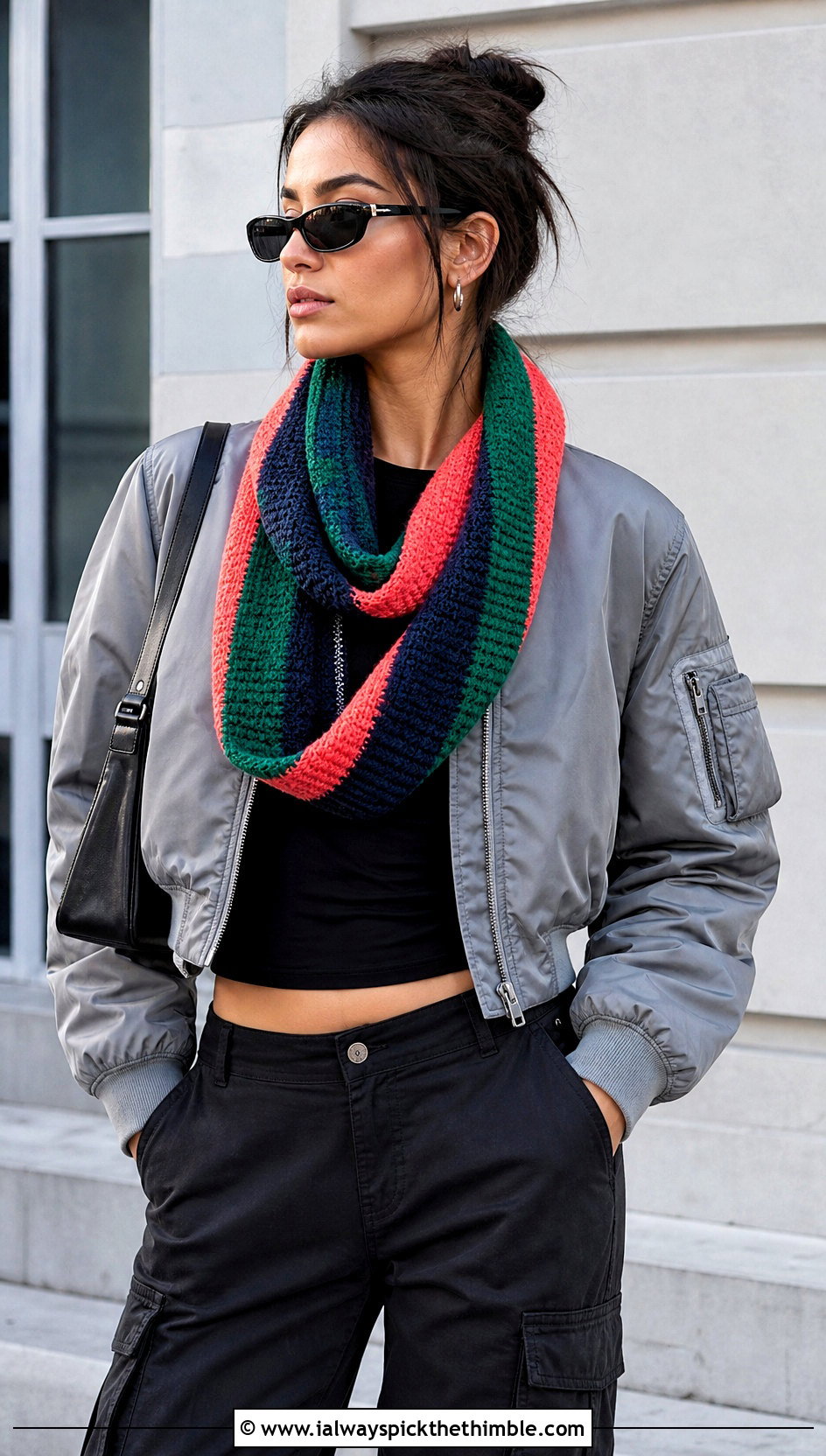 Tunisian Stripe Crochet Scarf With Bomber Jacket - 20 Stripe Crochet Scarf outfit ideas