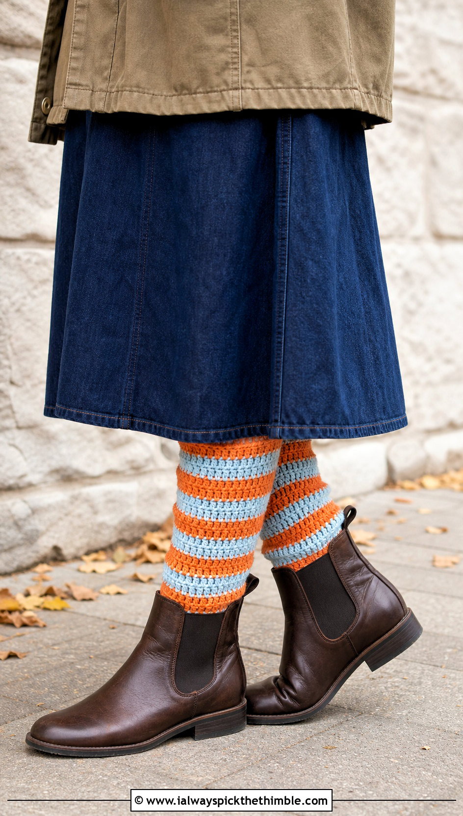 Tunisian Striped Boot Socks With Denim Skirt And Ankle Boots - 25 tunisian crochet socks outfit ideas