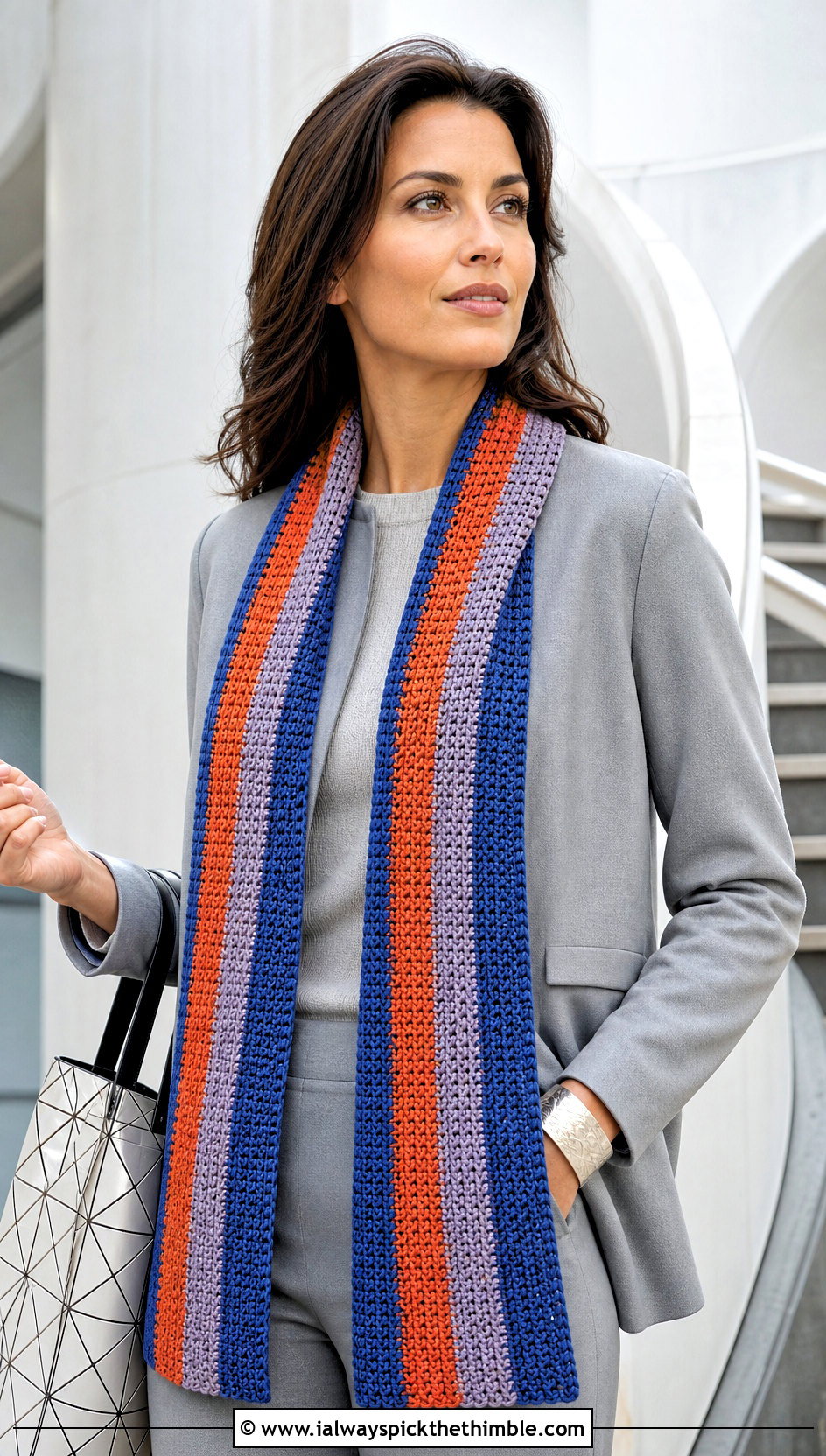 Tunisian Striped Crochet Scarf With Minimalist Suit - 20 striped crochet scarf outfit ideas