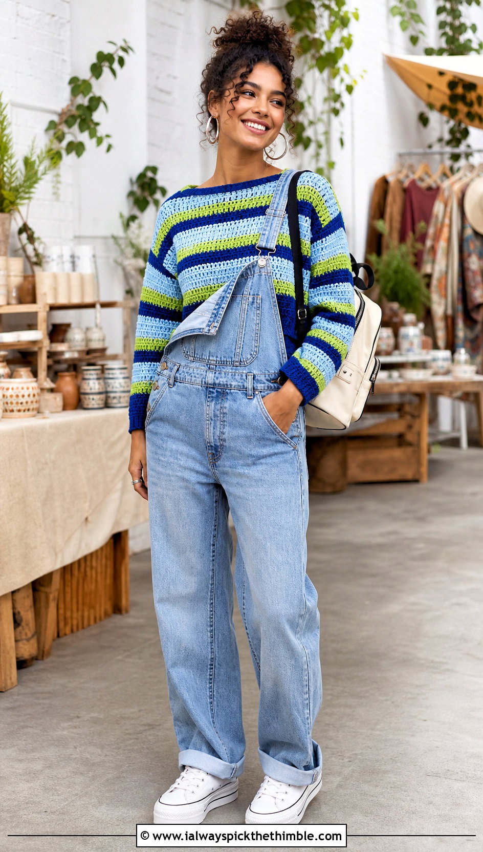 Tunisian Striped Crochet Sweater With Denim Overalls - 20 striped crochet sweater outfit ideas
