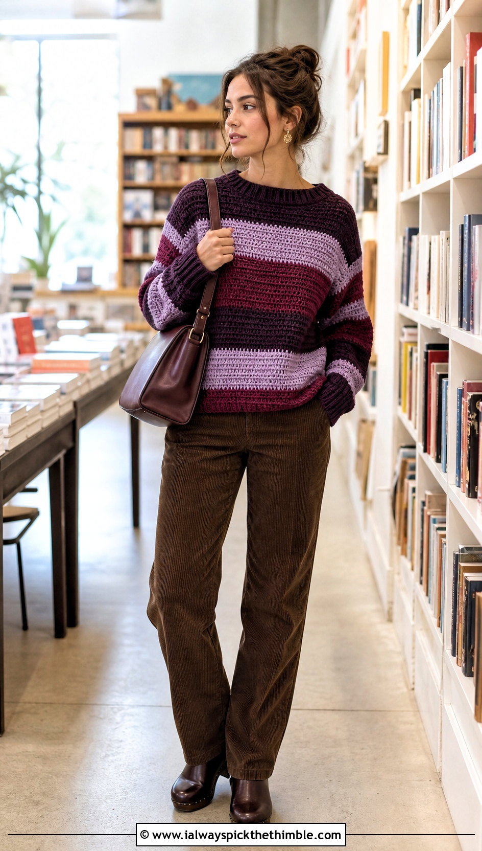 Tunisian Striped Pullover With Corduroy Trousers - 20 Tunisian Crochet Pullover outfit ideas