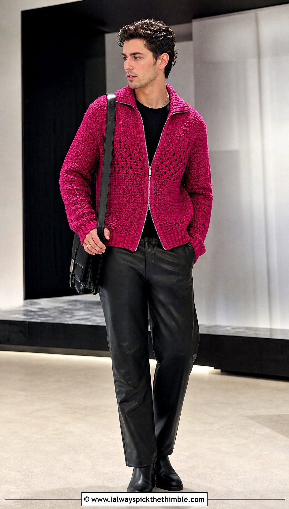 Tunisian Textured Zip Cardigan With Leather Pants - 15 Tunisian Crochet Mens Sweater outfit ideas